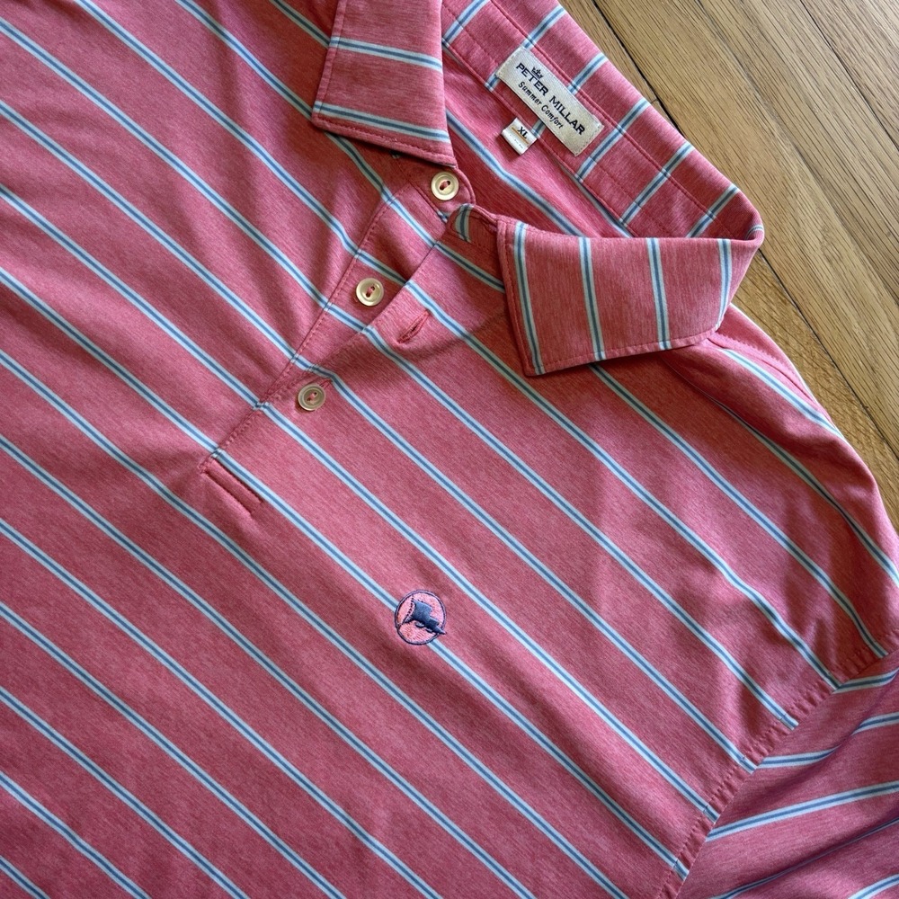 Peter Millar Polo Shirt Mens XL Summer Comfort Pink Performance Blue Stripe Prep